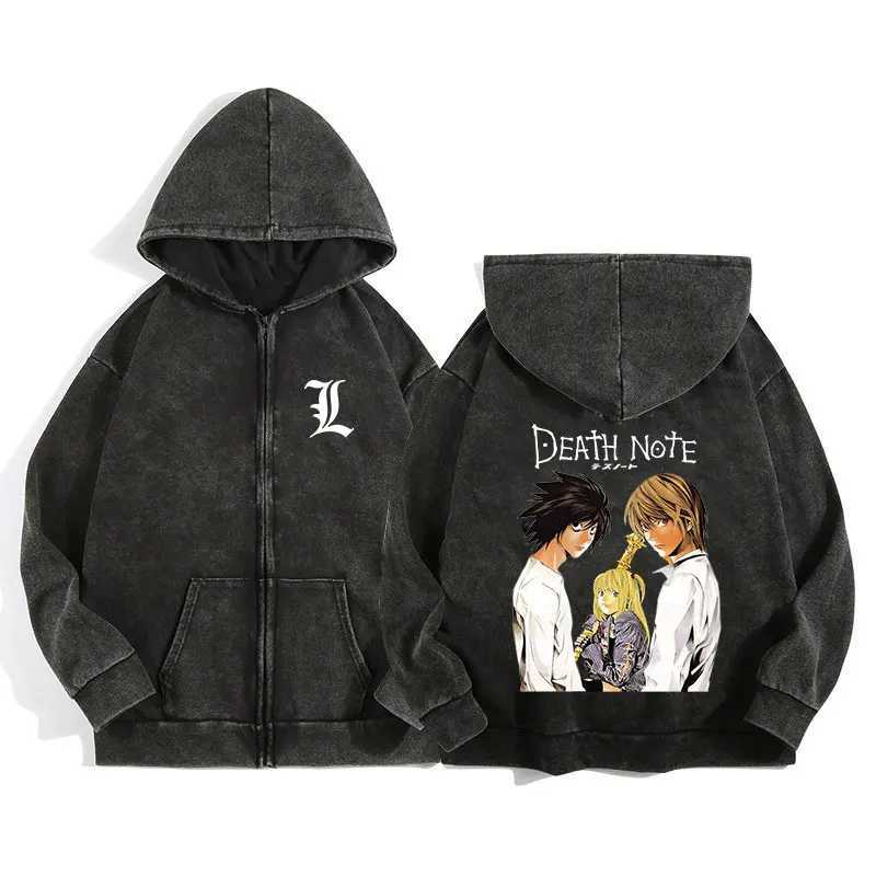 Harajuku Retro Washed Zip Up Hoodie Anime Death Note Print Jacket Gothic Graphic Cotton Men Women Zipper Hooded SweatshirtT250312