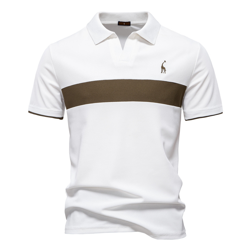2025 Summer New Product: Deer Embroidered Men's Flip Collar Short sleeved T-shirt with Splicing V-neck Polo Shirt for Men tracksuit