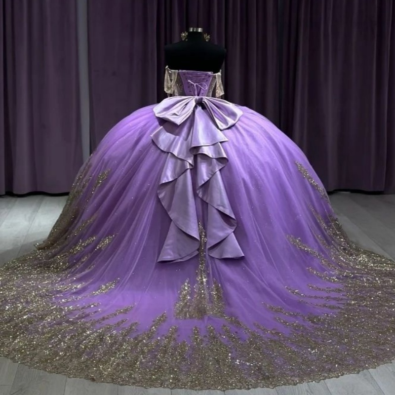 Purple Sparkly Quinceanera Dresses Ball Gown 2025 Off Shoulder Gold Applique Lace Beads Bow Corset Vestido 15 anos Lace-up Sweet 16 Dress