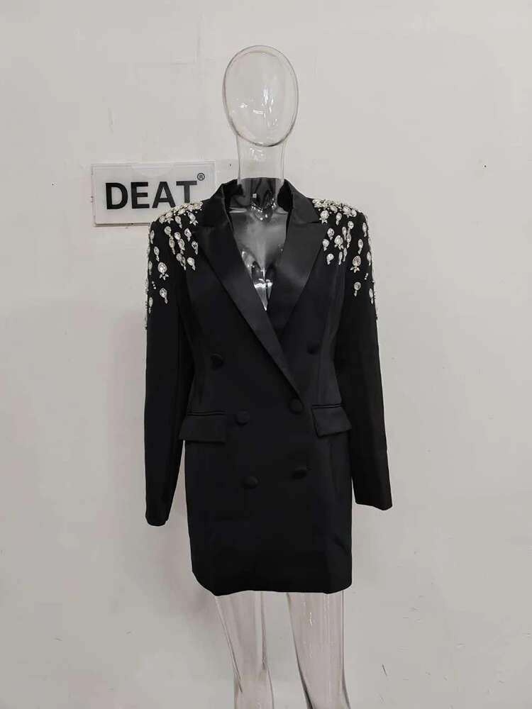 DEAT Fashion Women's Blazer Dia Shoulder Pad Double Breasted Pockets Split Long Style Suit Jackets Winter 2024 New 7Ab2553
