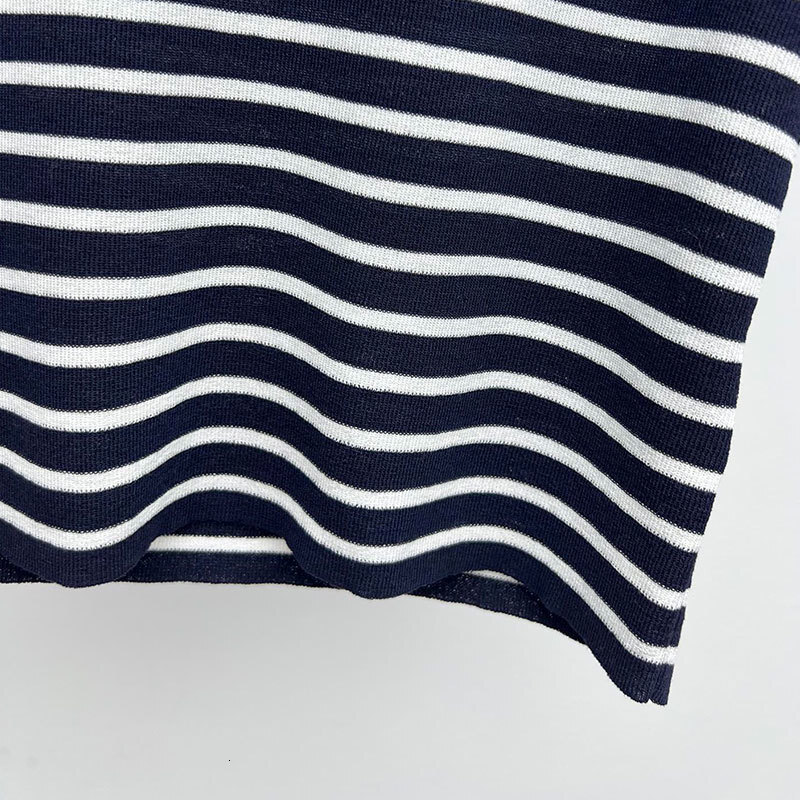 Women's Cashmere Striped Short Sleeve T-Shirt Designer Round Neck Button Detail Loose Fit Knit Tees Trendy Sexy Early Spring Fashion Luxury High-