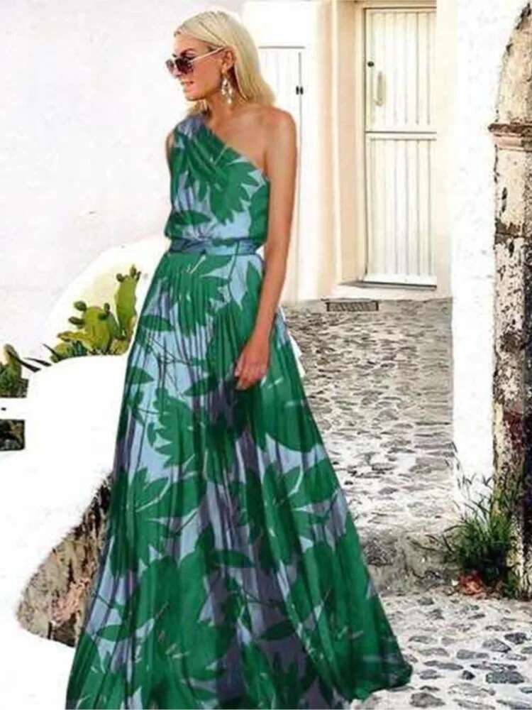 2024 Spring Summer New One Dresses Women Splicing Print Off Shoulder Loose Long Dress Fashion Ladies Commuting Vestidos