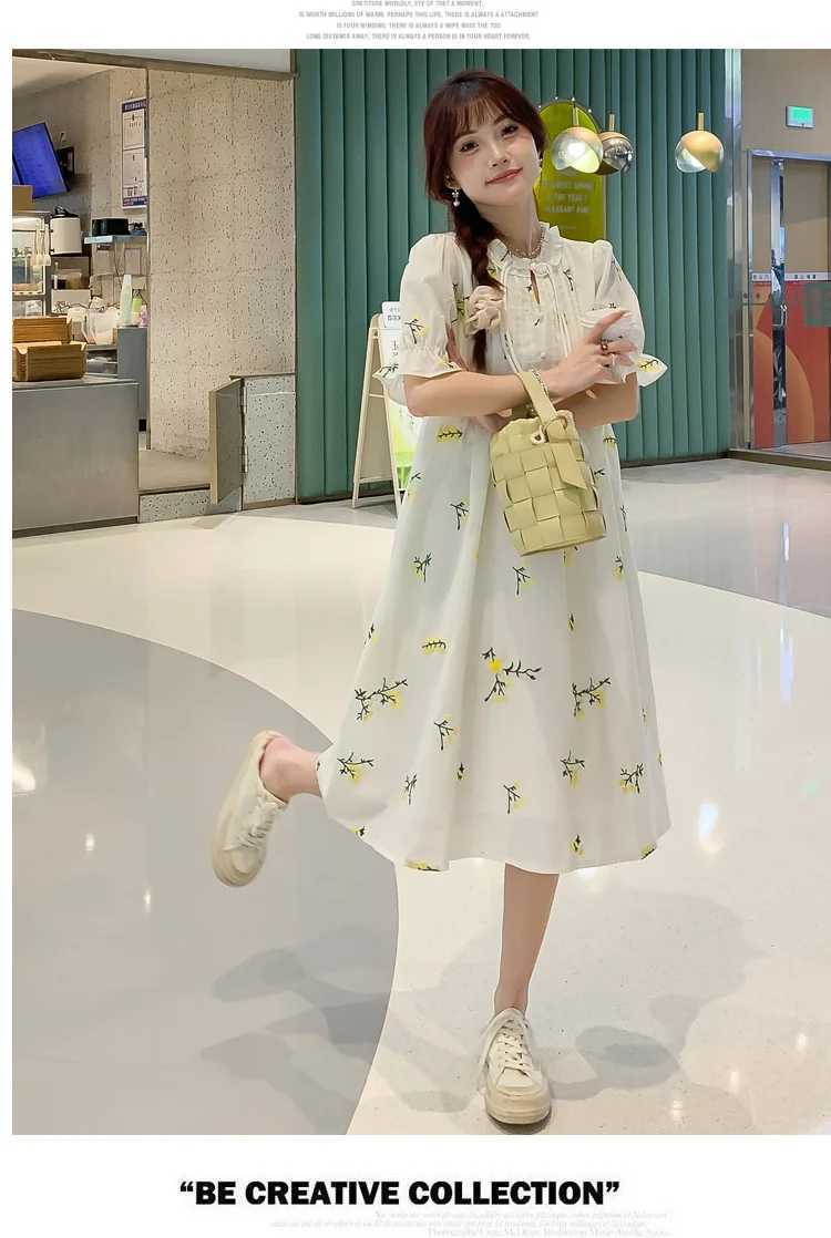 2024 Pregnant Womens Summer Clothing Ruffled Collar Chinese Style Fashion Maternity Floral Dress Sweet Pregnancy Midi DressesT250311