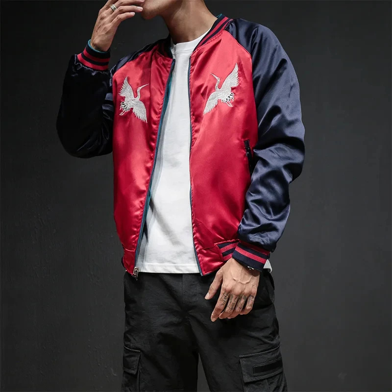 Satin bomber jacket womens Sukajan Crane ed hiphop boys Harajuku clothing autumn spring Z1 250312