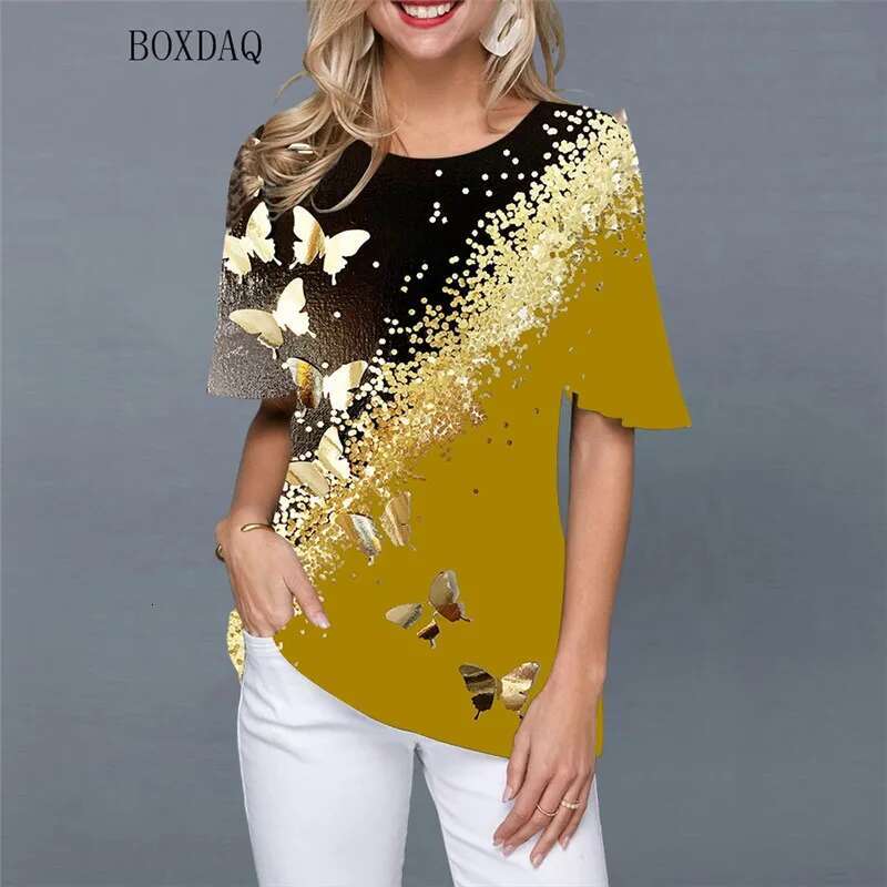 Butterfly Pattern Print Streetwear Women Shirts Short Sleeve 3D Gradient Printed Casual Blouses Loose Round-Neck Pullovers Tops