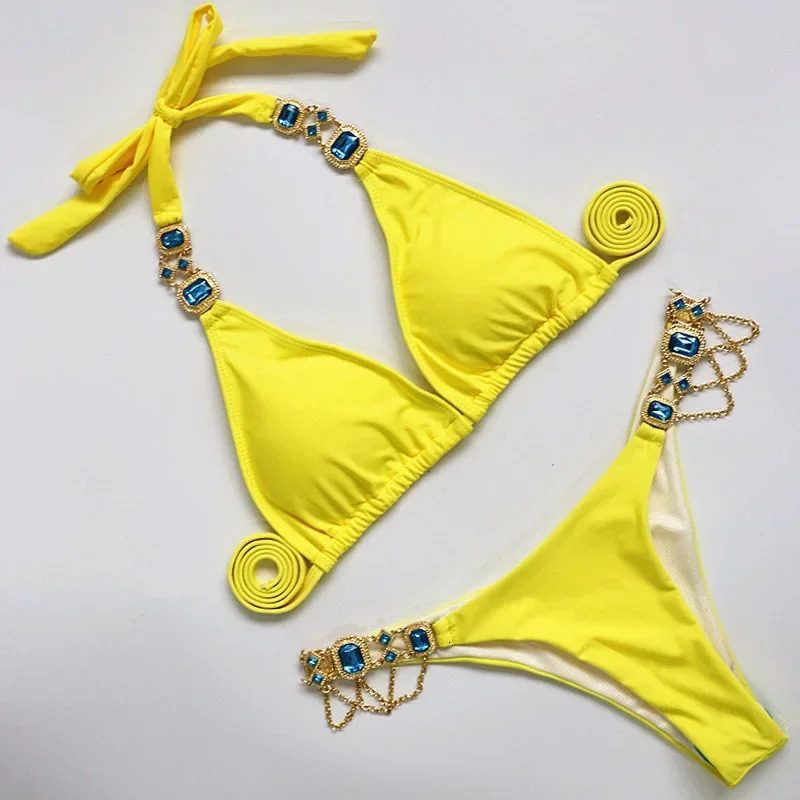Halter Metal Chains Rhinestone Diamond Bikini Women Swimsuit Female Swimwear Two Pieces set Brazilian Bathing Suit Swim 250310