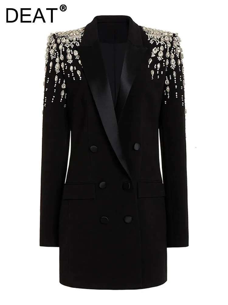 DEAT Fashion Women's Blazer Dia Shoulder Pad Double Breasted Pockets Split Long Style Suit Jackets Winter 2024 New 7Ab2553
