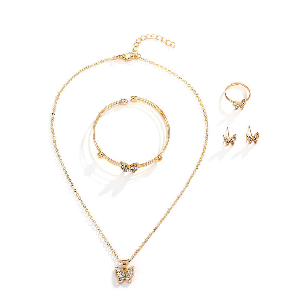 Diamond inlaid butterfly jewelry set French style fresh alloy bracelet trendy earring jewelry set four piece set W250312