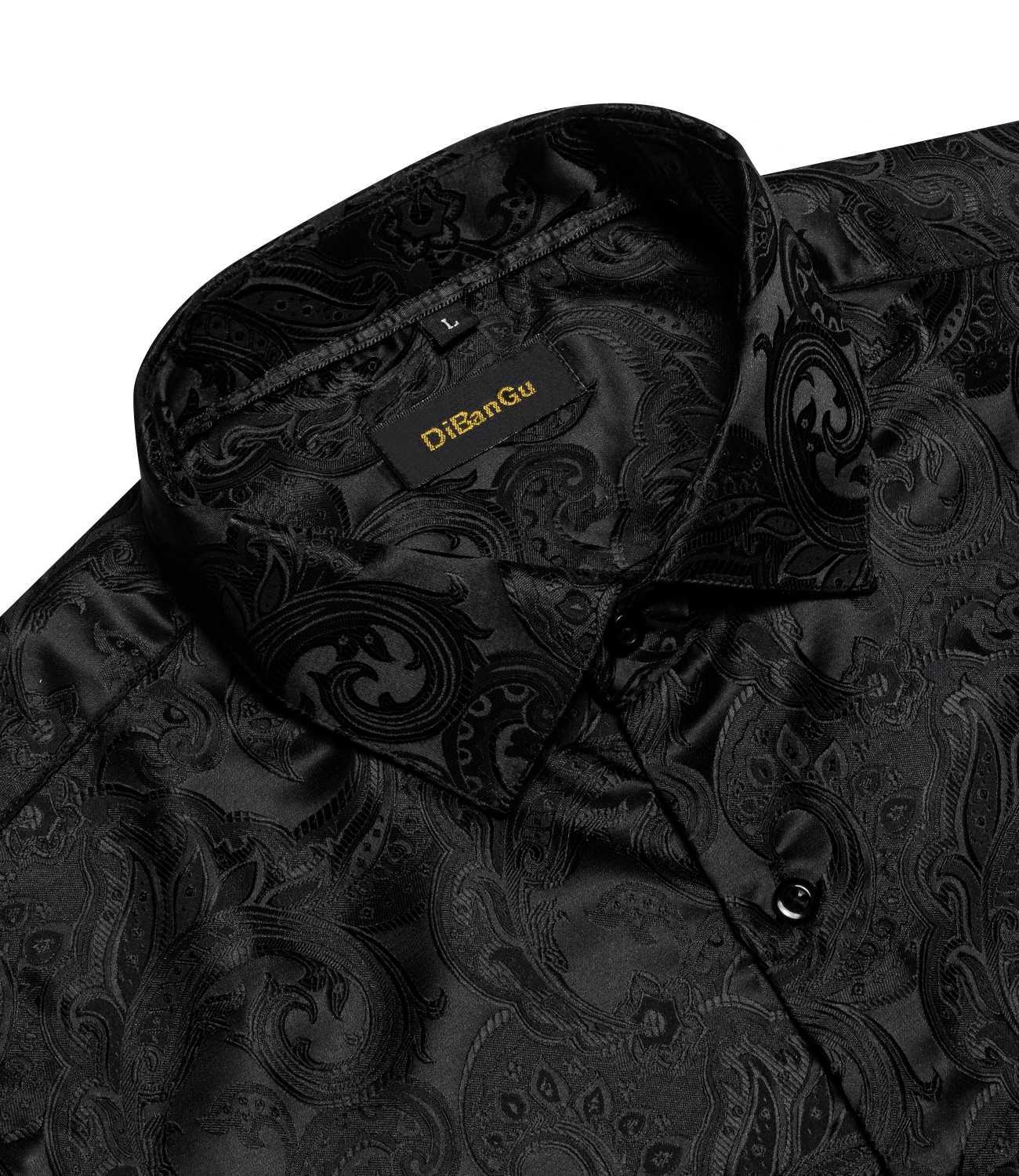 Black Paisley Solid Silk Polyester Luxury Long Sleeve Dress Shirts for Wedding Prom Turn Down Collar Shirt Brand Men Clothing W250312