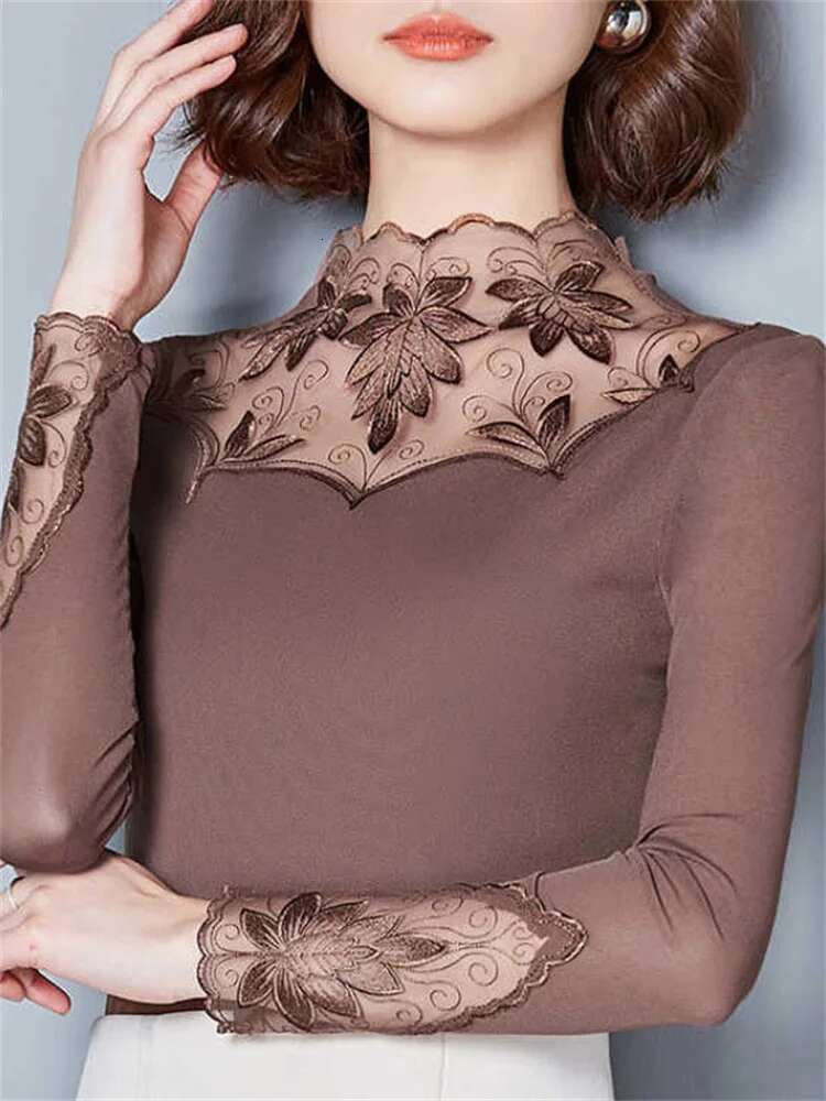 Hollow Out Women Spring Autumn Style Lace Blouses Shirts Casual Long Sleeve Patchwork Spliced Turtleneck Blusas Tops Df1491