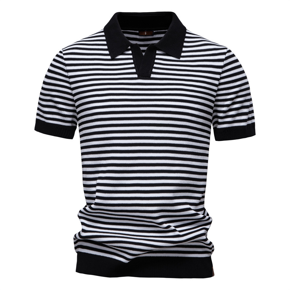 2025 Summer New Men's Short sleeved Knitted with Striped Seagull Neck and Woolen Polo t shirt for Men tracksuit