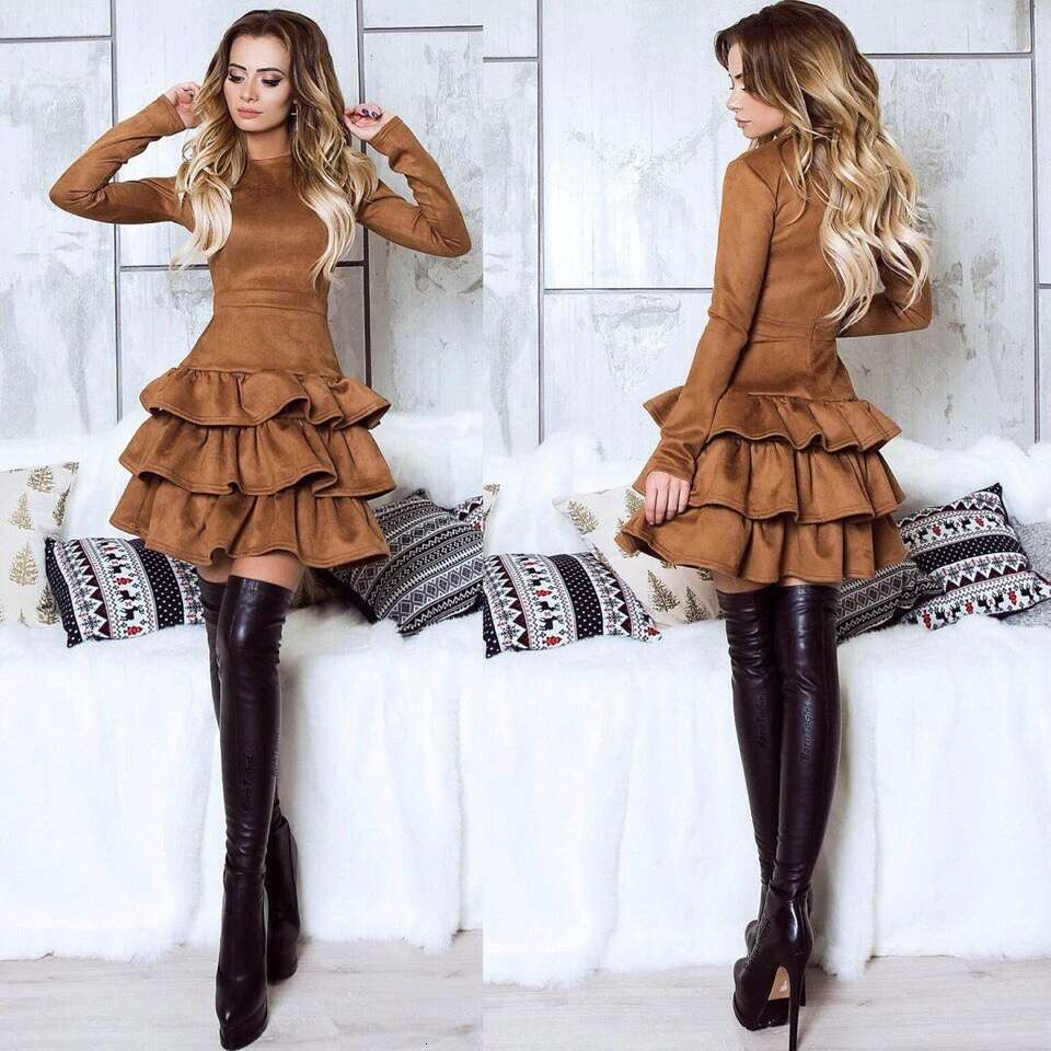 Sexy Slim High Waist Cake Dresses For Women Spring Autumn Winter Solid O-Neck Mini Suede Dress Female Party Short Gown Vestido