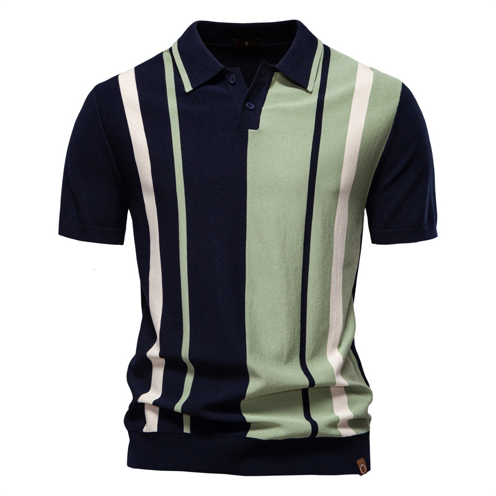 2025 summer new men's lapel knitted striped patchwork European size short sleeved polo t shirt men tracksuit