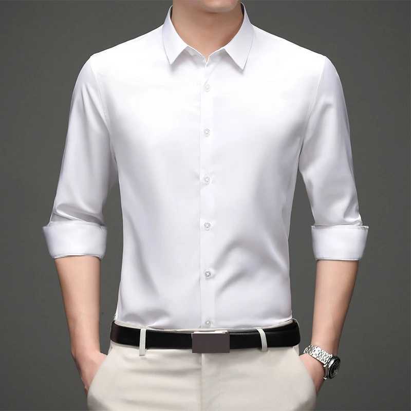 Mens White Blue Yellow Red High Quality Shirts Spring New Regular Fit Long Sleeve Shirt Mens Formal Wedding Elastic Shirt Male W250312