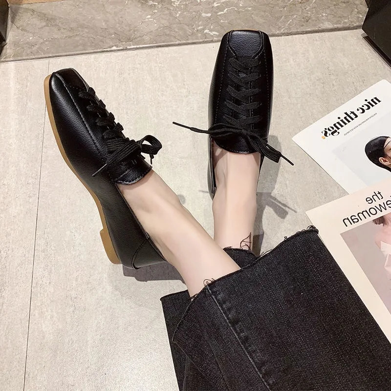 ZANPACE Casual Square Toe Platform Shoes Spring Lace-Up PU Loafers Women Shoes Soft Flat with Leather Shoes Female 250305