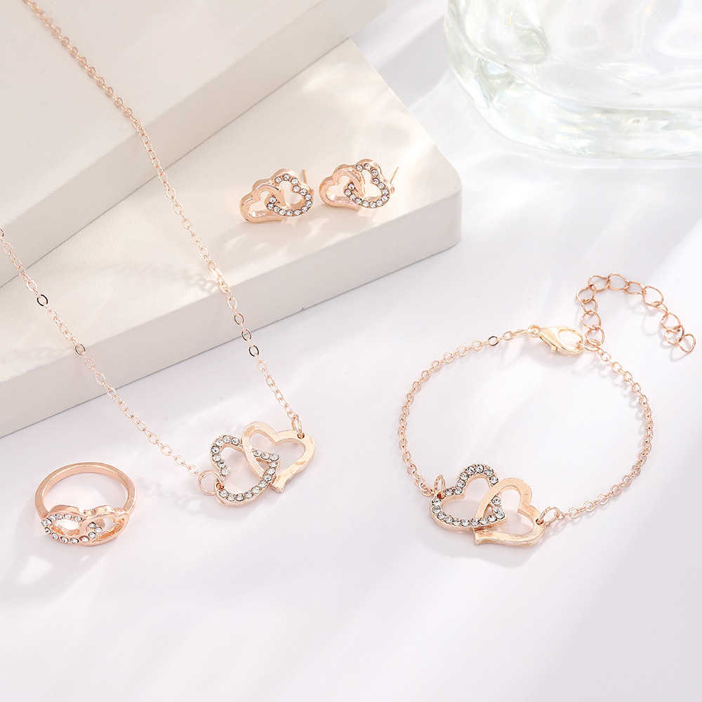 Four piece set of light luxury jewelry cold style double love necklace niche cold style concentric bracelet set W250312
