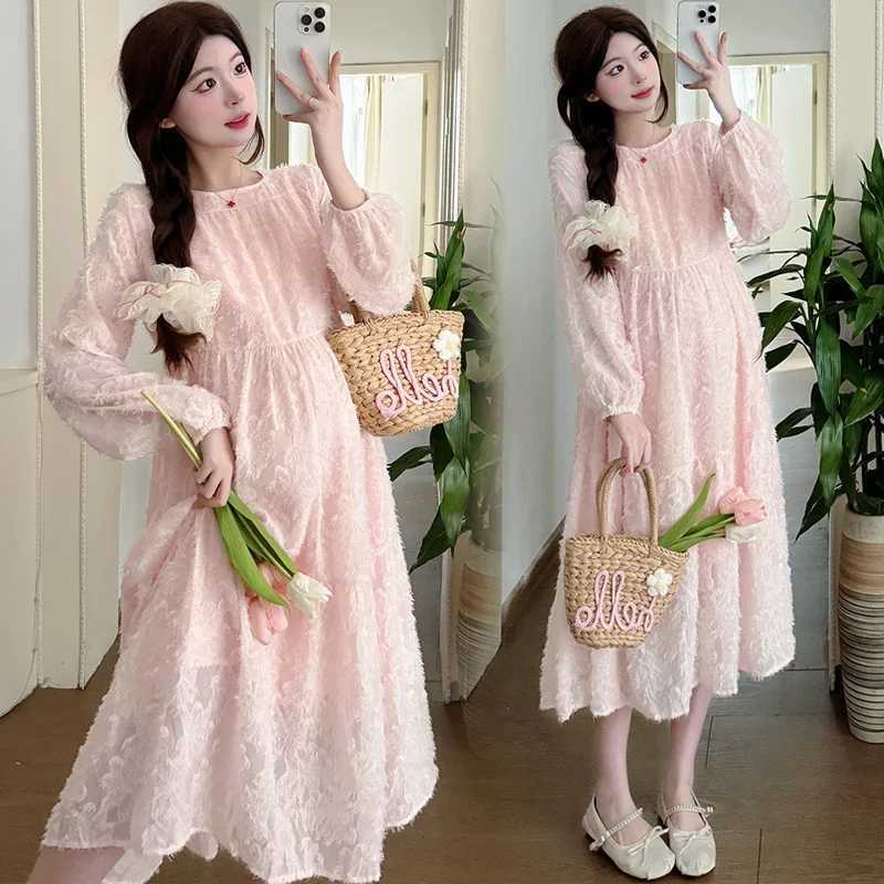 2025 Spring Maternity Chiffon Dress Long Lantern Sleeve O-neck Fashion Pregnant Woman Beach Dress Plus Size Pregnancy ClothesT250311