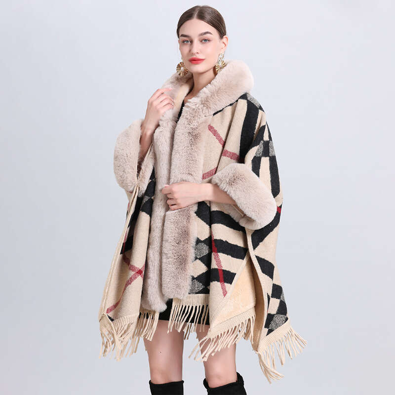 869 # Autumn And Winter New Loose Grid Pattern With Thick Collar Knitted Shawl Cape Women's Woolen Coat