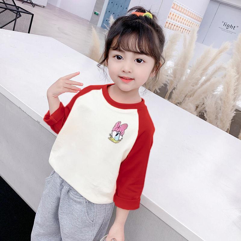Ddmyshoesvip Girls Pure Cotton Color Contrast T Shirt Children S Western Style Top Korean Version Spring And Autumn Round Neck Girl Cute Bottom Shirt 