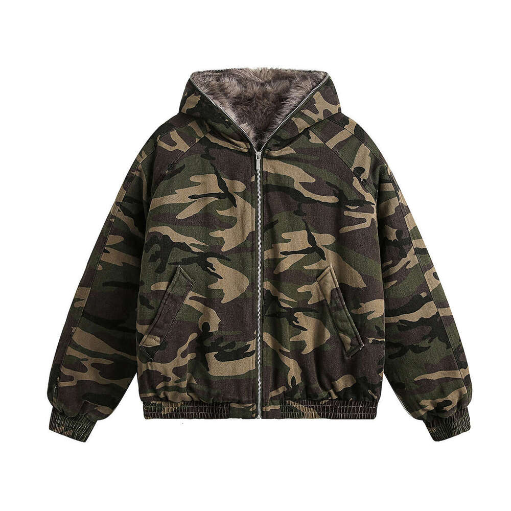 Jiayiku Men's 2024 New Winter Camouflage Breadwear With Velvet And Jacket, American Trendy Brand Cotton Jacket