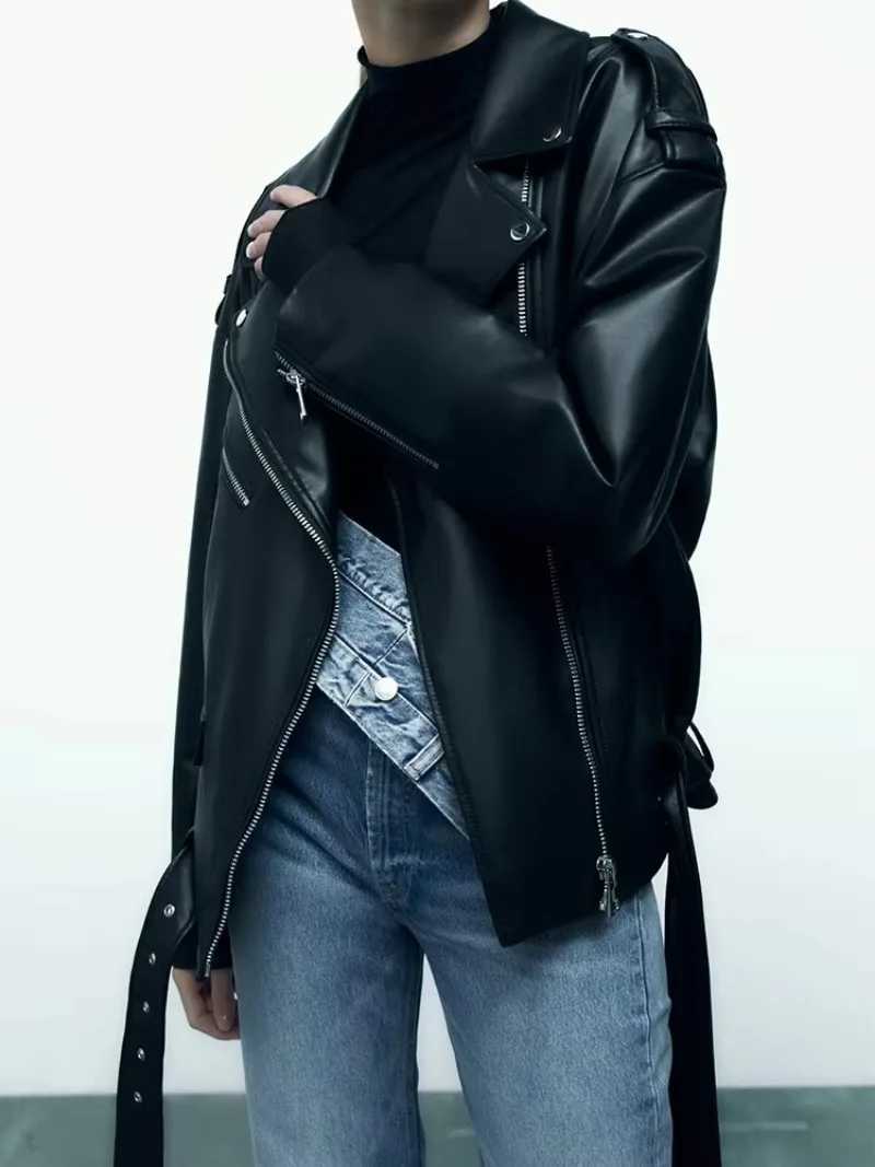 American Fashion Trend PU Leather Jacket and Coat Women Street Y2K Hip Hop Loose Zipper Jacket Unisex Motorcycle Leather JacketT250311
