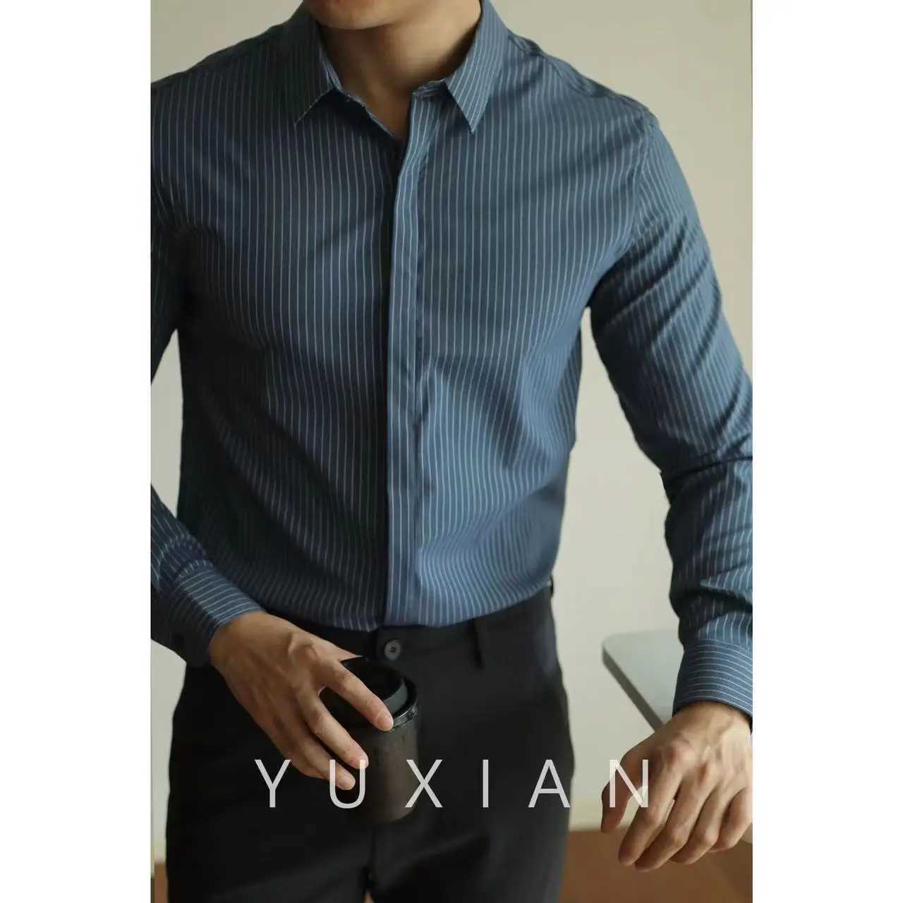High End Mens Striped Long Sleeved Shirt with Micro Elasticity Formal Wear Casual Business Top W250312