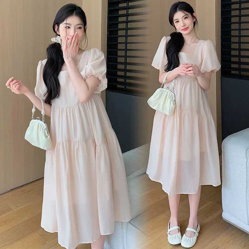 French Style Sweet Pregnant Woman Cake Dress Solid Color Maternity Ball Gown Princess Party Dress Loose Casual Midi DressesT250311