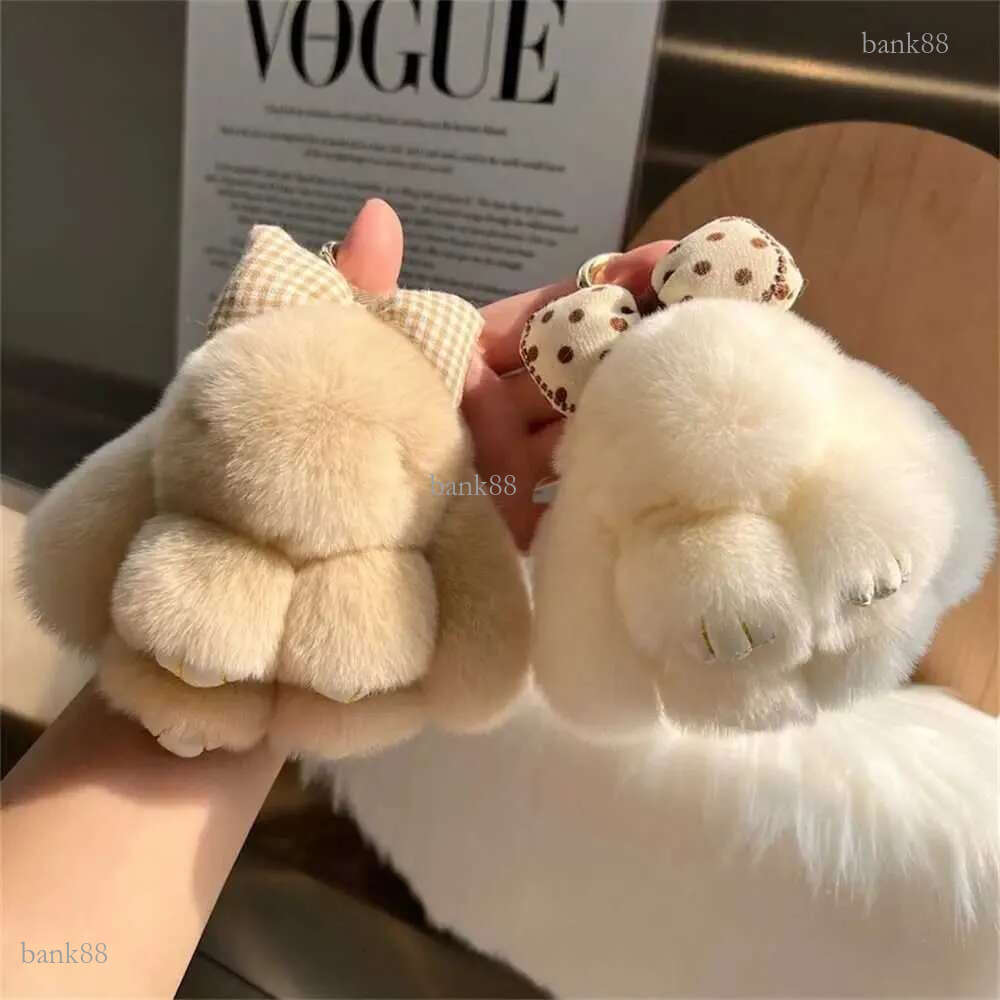 Hair Bow Rabbit Fur Keychain Pompoms Cute Fluffy Bunny Keychain Bag Charm Alloy Ring Plush Rabbit Key Ring Couple Pendantxj25