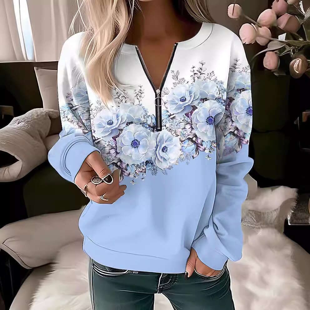 European American women's hot item printed V-neck long sleeved pullover loose hoodie new style chic and elegant clothing