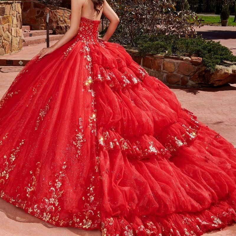 Red Ball Gown Quinceanera Dresses Off The Shoulder Appliques Lace Beading Crystal Tiered Tull Tassel Vestidos De 15 Anos Sweet 16 Dress
