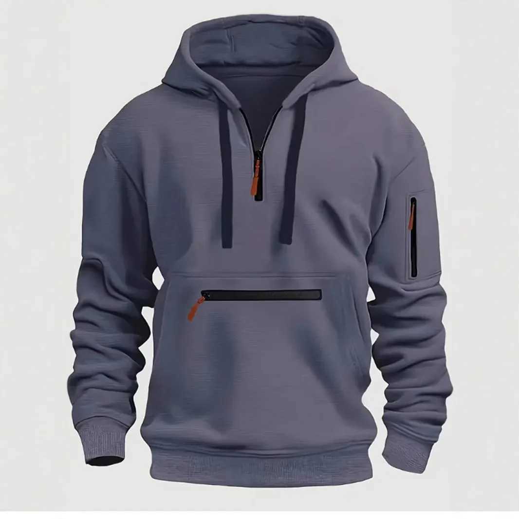 Mens hooded drawstring zipper pocket autumn and winter Hoodies fashion casual daily street solid color plus cashmere warm Tops M250312