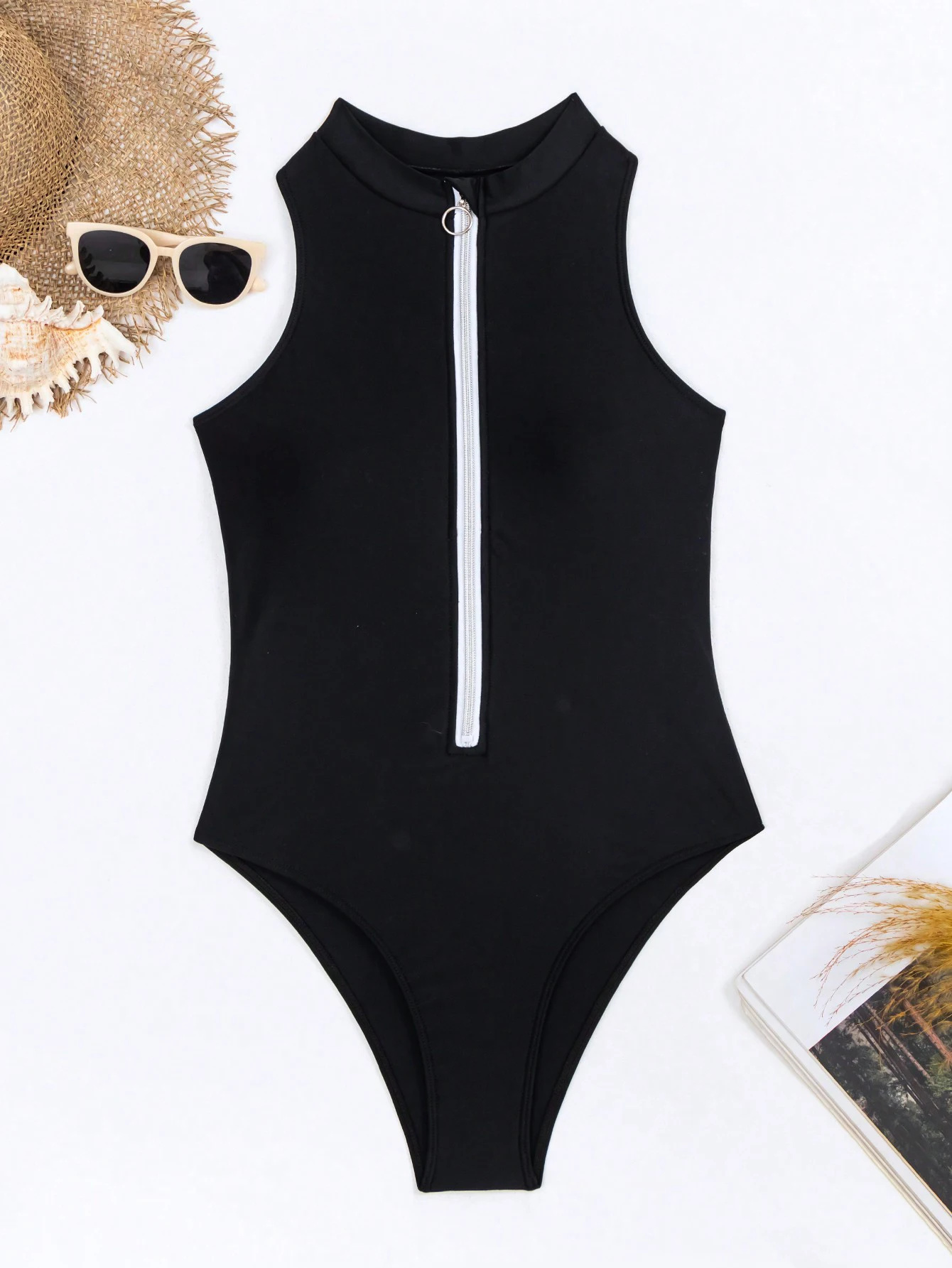 Sport Style Sleeveless Surfing Wear Swimwear Women One Piece Swimsuit Solid Bodysuit Sexy White Zipper Swimming Suit Beachwear Pool Bather 2025