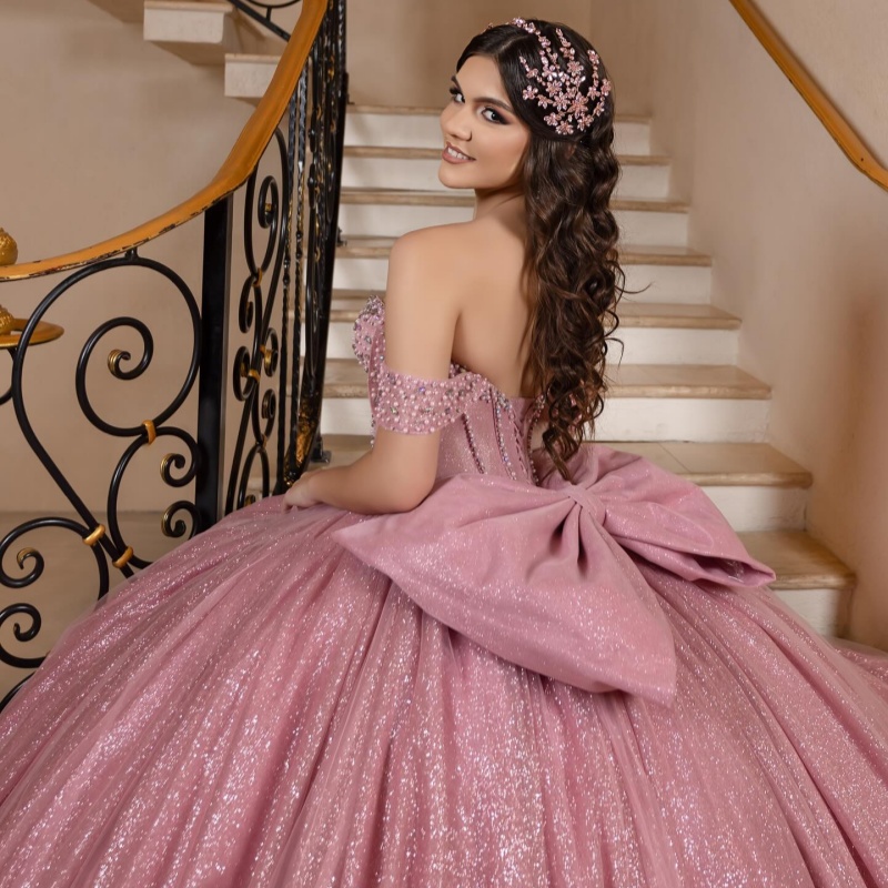 Pink Shiny Quinceanera Dresses Ball Gown Off The Shoulder Beading Crystal Bow Tull Party Birthday Sweet 16 Dress Vestidos 15 Anos