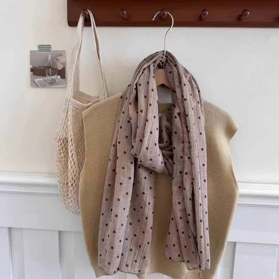 T274 Korean polka dot cotton and linen pleated scarf spring and autumn 2025 new thin literary long silk scarf neck