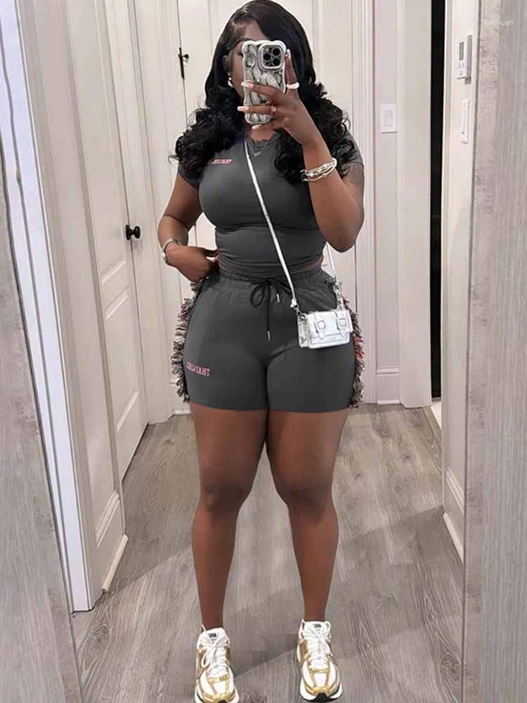 Womens Tracksuits BKQU Letter Embroidery Casual 2 Piece Sets Woman Outfit Short Sleeve T-shirts Side Tassel Shorts Matching Suits Female