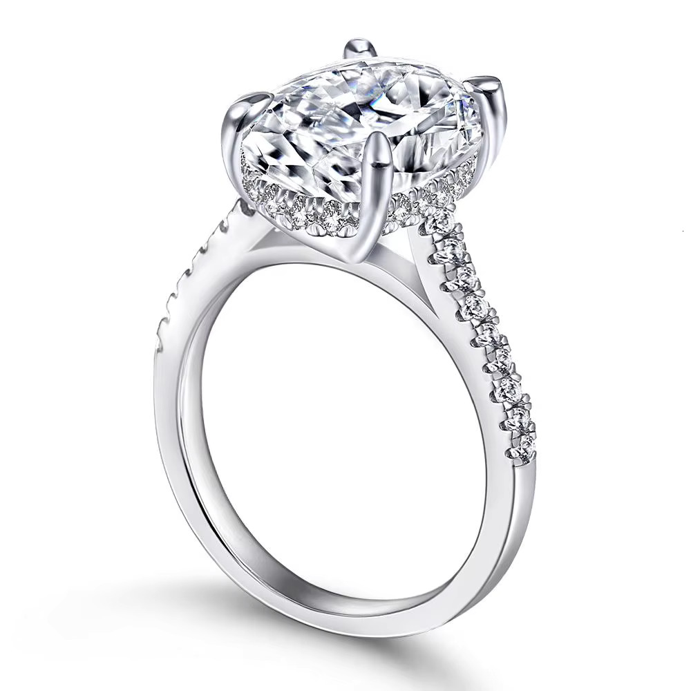 Fine Jewelry Oval Cut 3 Row Micro Pave Diamond Engagement Halo Moissanite Ring
