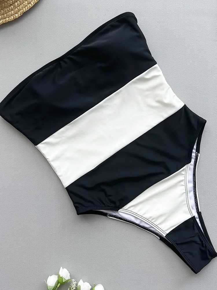 Miyouj Striped Printed Swimwear High Cut Swimsuits Women Bandeau Sexy Bathing Suit Block Color Beach Wear Monokini 250310