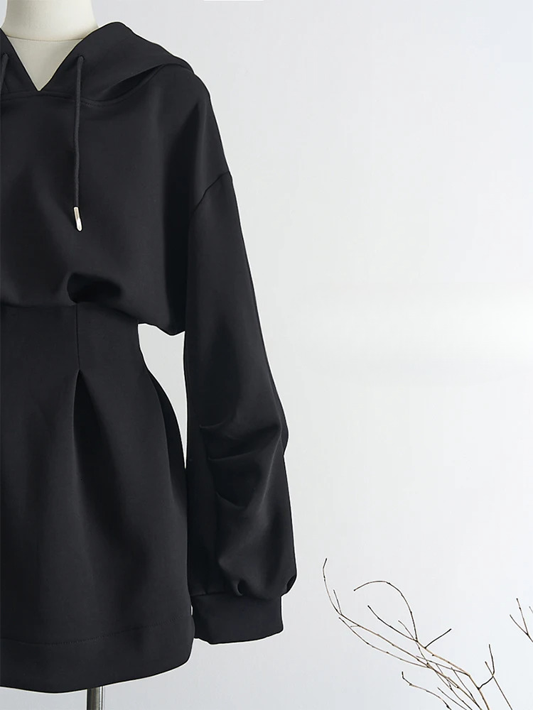 Autumn Winter Y2k Long Sleeve Midi Hoodies Dress Women 2000S Aesthetic Tunic Frocks Solid Color One-Piece Gyaru Dark Academia