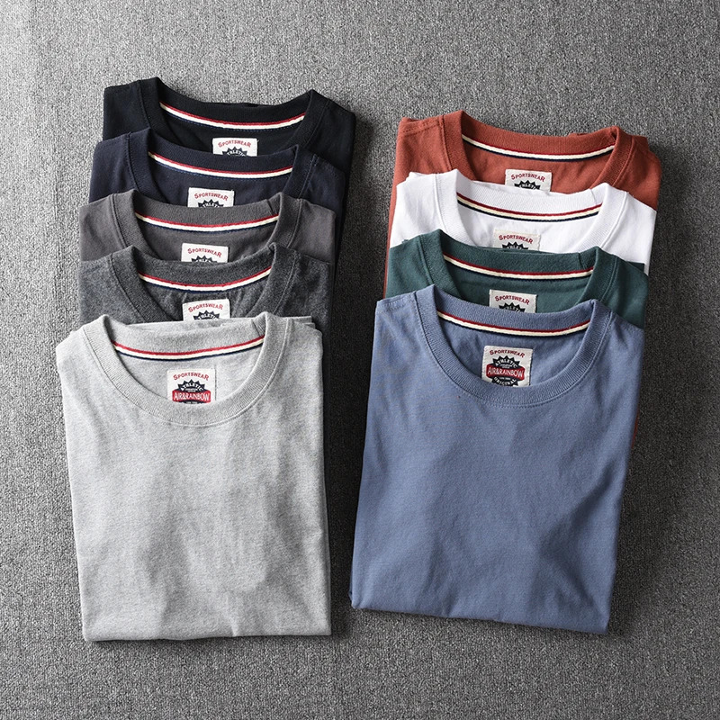 Summer American retro short sleeved Oneck solid color Tshirt for men fashionable and simple 100% pure cotton washing casual sports top 250312