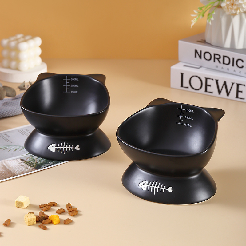 New Arrival Large Caliber Dog or Cat Bowl Drinking Water Food StuffHigh Feet Tableware Pet Product Ceramic Black White Ear Styling 1Pc