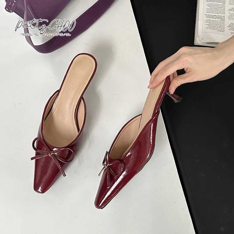 hot Patent Leather Bowknot Me Slides Wan Pointed Toe Kitten Heel Pump Sandals Ladies Bright Color ning Party Dress Shoes Z250311