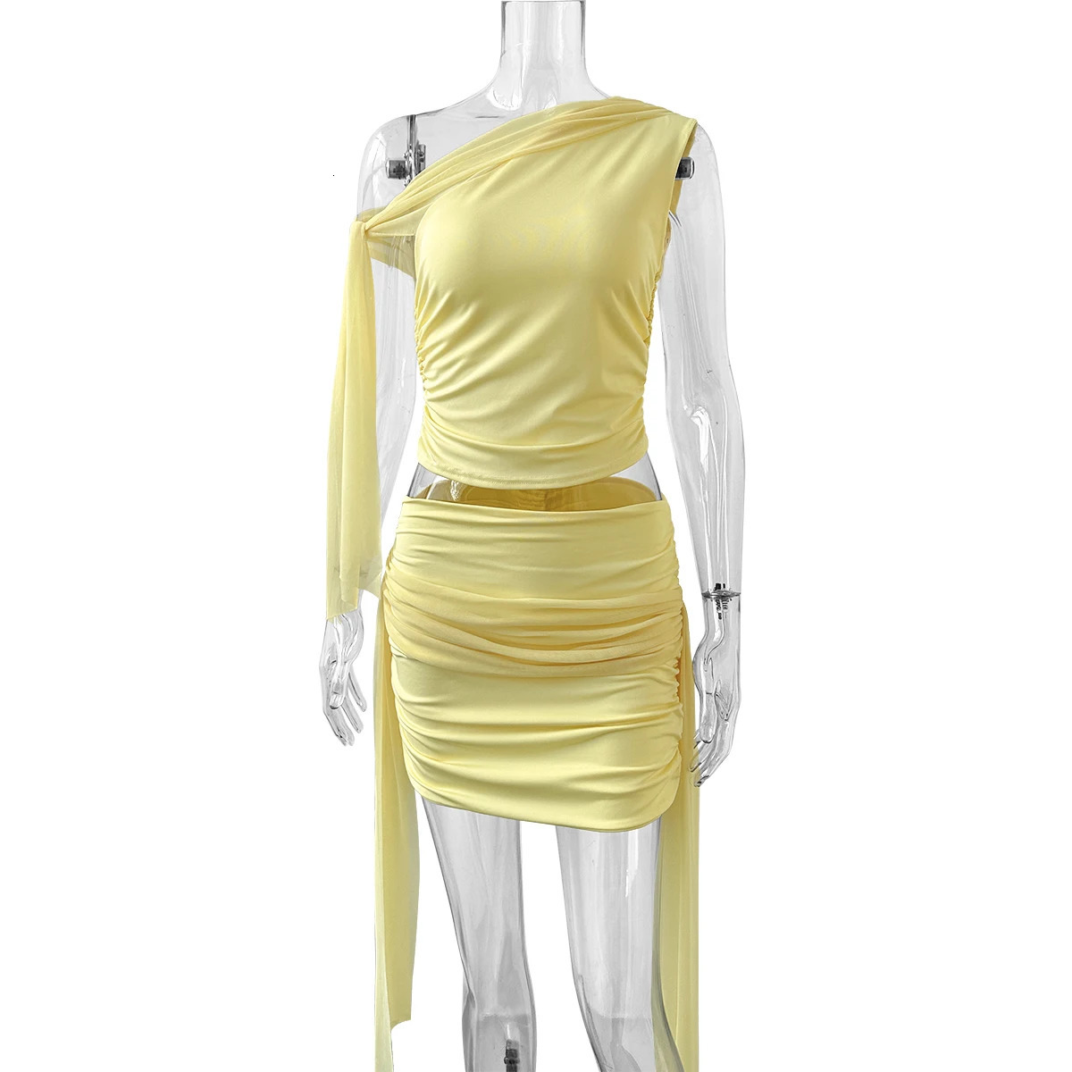 Womens Elegant Temperament Pleated Top and Short Skirt Set Solid Color Net Sand Diagonal Shoulder Strap Summer Beach Ou 250312