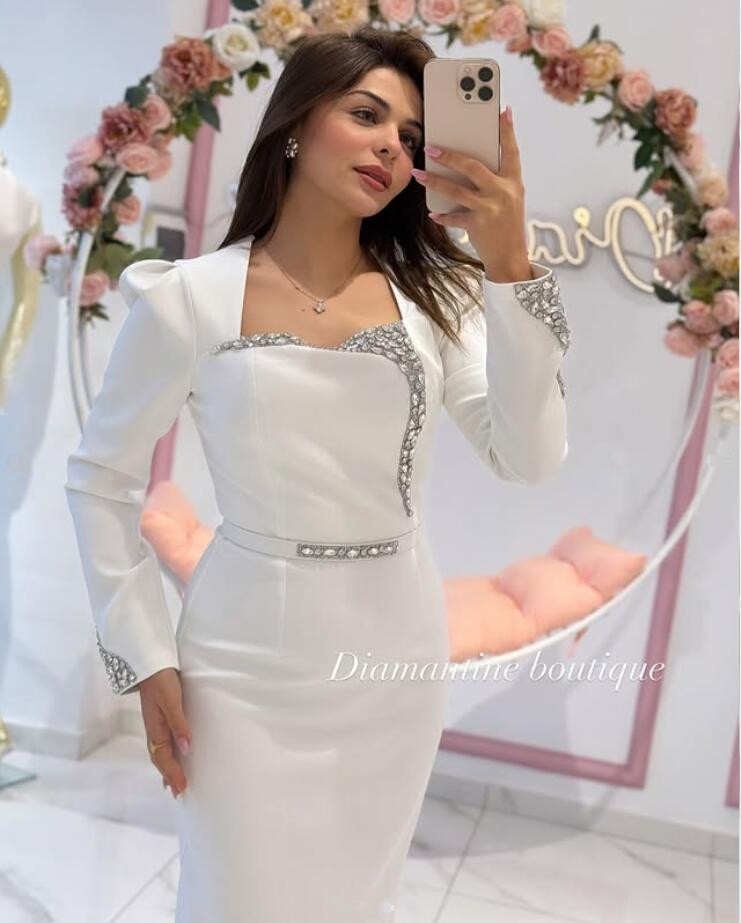 White Saudi Dubai Evening Formal Dresses Customsized Crystal Beaded Long Sleeve Sheath Arabic Bride Wear Prom Gown 2025