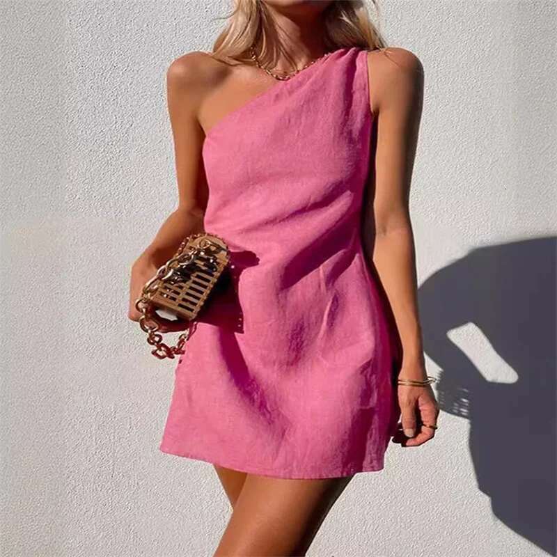Fashion Slant Neck Women Dresses Summer Solid Color Commuter Dress Simple Style Cotton En Gown Casual Female Sleeveless Frock