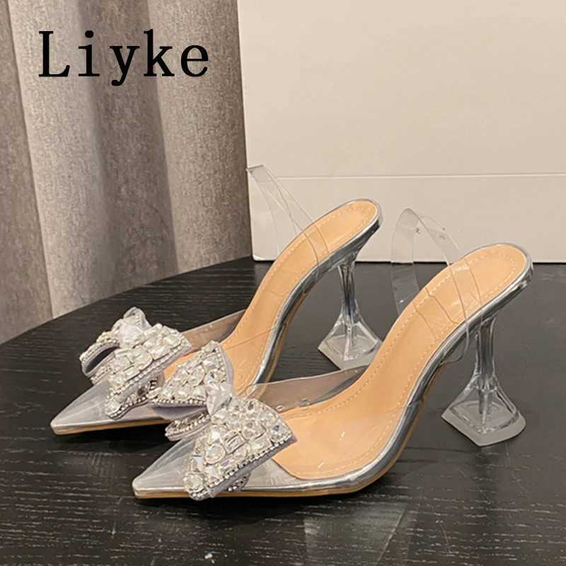 Liyke 2025 New Sier Crystal Bowknot Wen Hot Pumps High New H Transparent Sandals Sexy Pointed Toe Wedding Banquet Shoes Size 41 Z250311