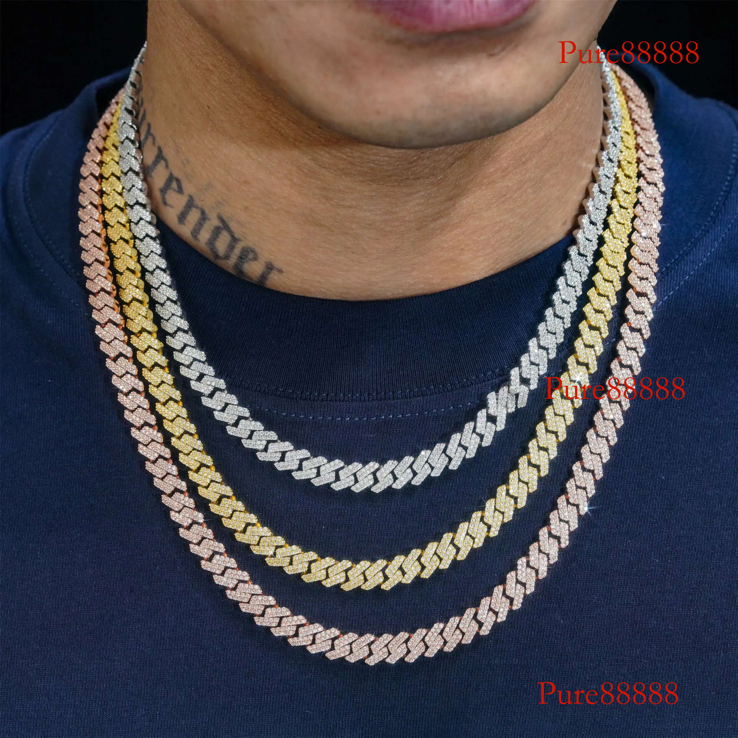 Fashionable Loose Stone S Sier Dia Cuban Chain Necklace 8mm Double Row Full of Moissanite Trendy Brand Acces