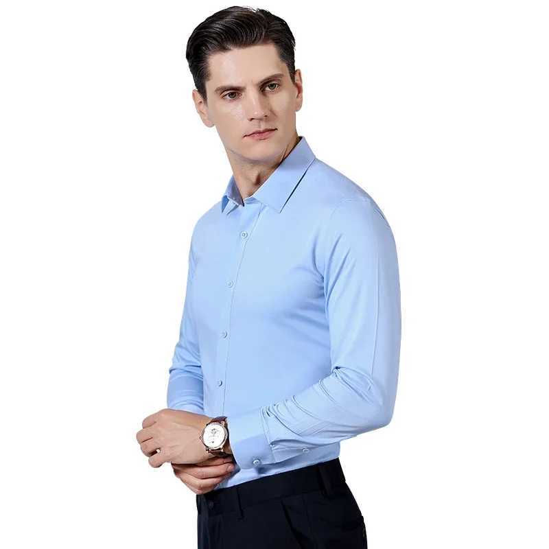 Bamboo Fiber Mens Long Sleeve Shirt Luxury Solid Stretch Comfort Soft Square Collar Brand Formal Slim Fit Non Iron Smooth Shirt W250312