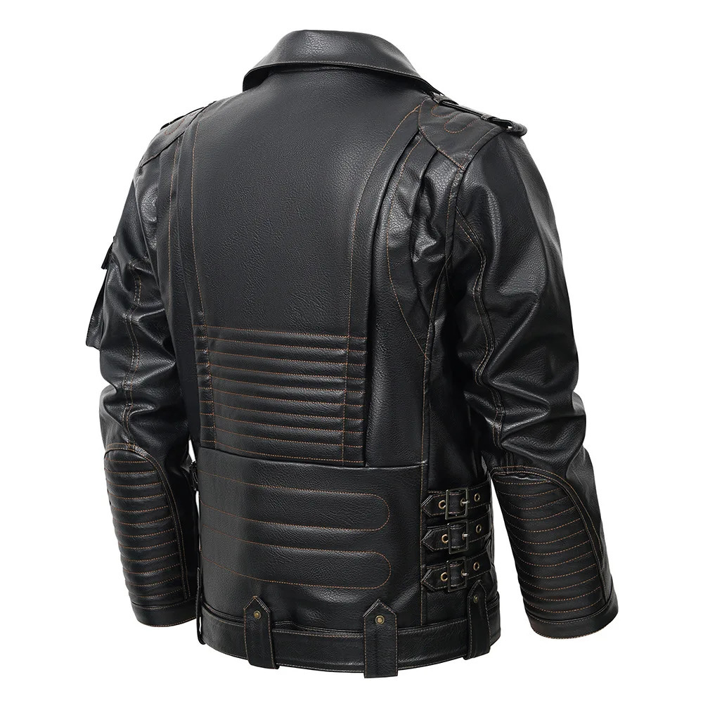 PU mens artificial leather American style jacket fashion casual multi pocket 250312