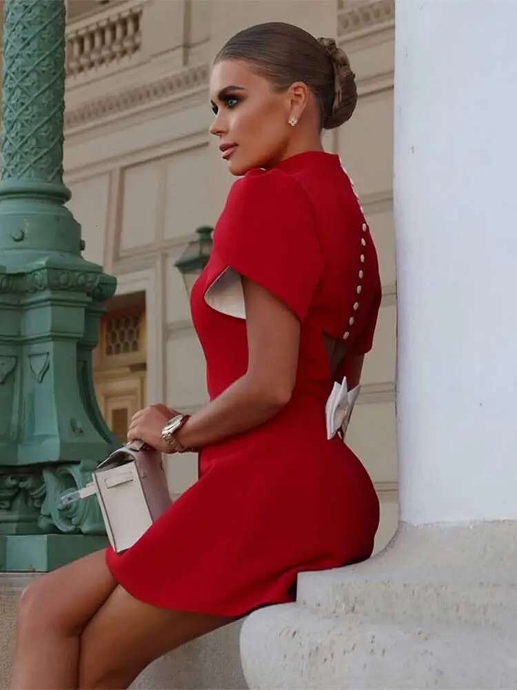 Fashion Stand Collar Short Sleeves A E Dresses Elegant Women Solid Backless 3D Bow Mini Dress Chic Lady Party Club Gowns