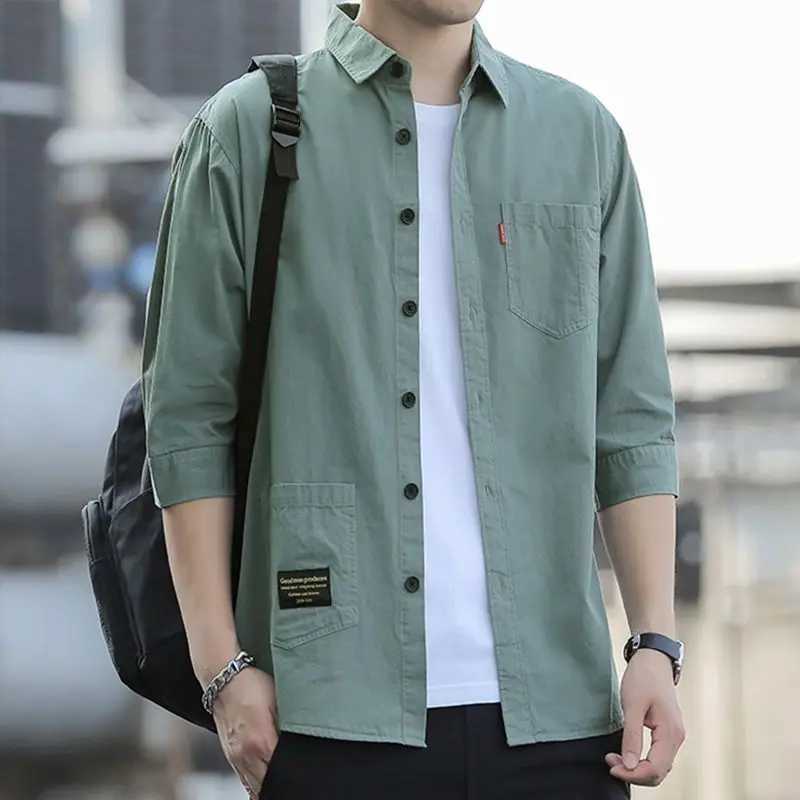 Business Casual Fashion Shirts Turn-down Collar Loose Handsome Three Quarter Sleeve Man Button Solid Pockets Mens Clothing 2023 W250312